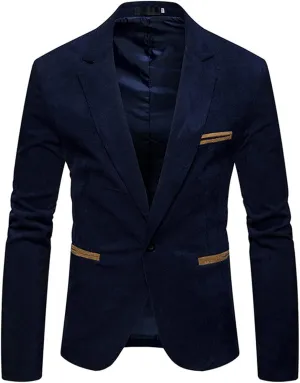 Notch Lapel Corduroy Blazer Jackets for Men Slim Fit One Button Suit Jacket with Pockets Lightweight Sport Coats