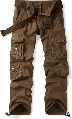 OCHENTA Men's Cotton Casual Cargo Work Pants Baggy Travel Hiking with Multi Pockets (No Belt)