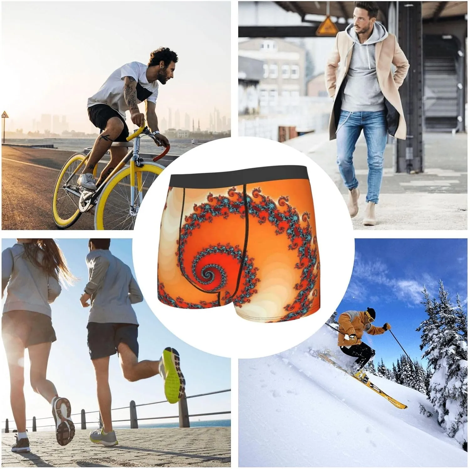 Orange Rotating Print Boxer Briefs For Men Breathable Underwear-