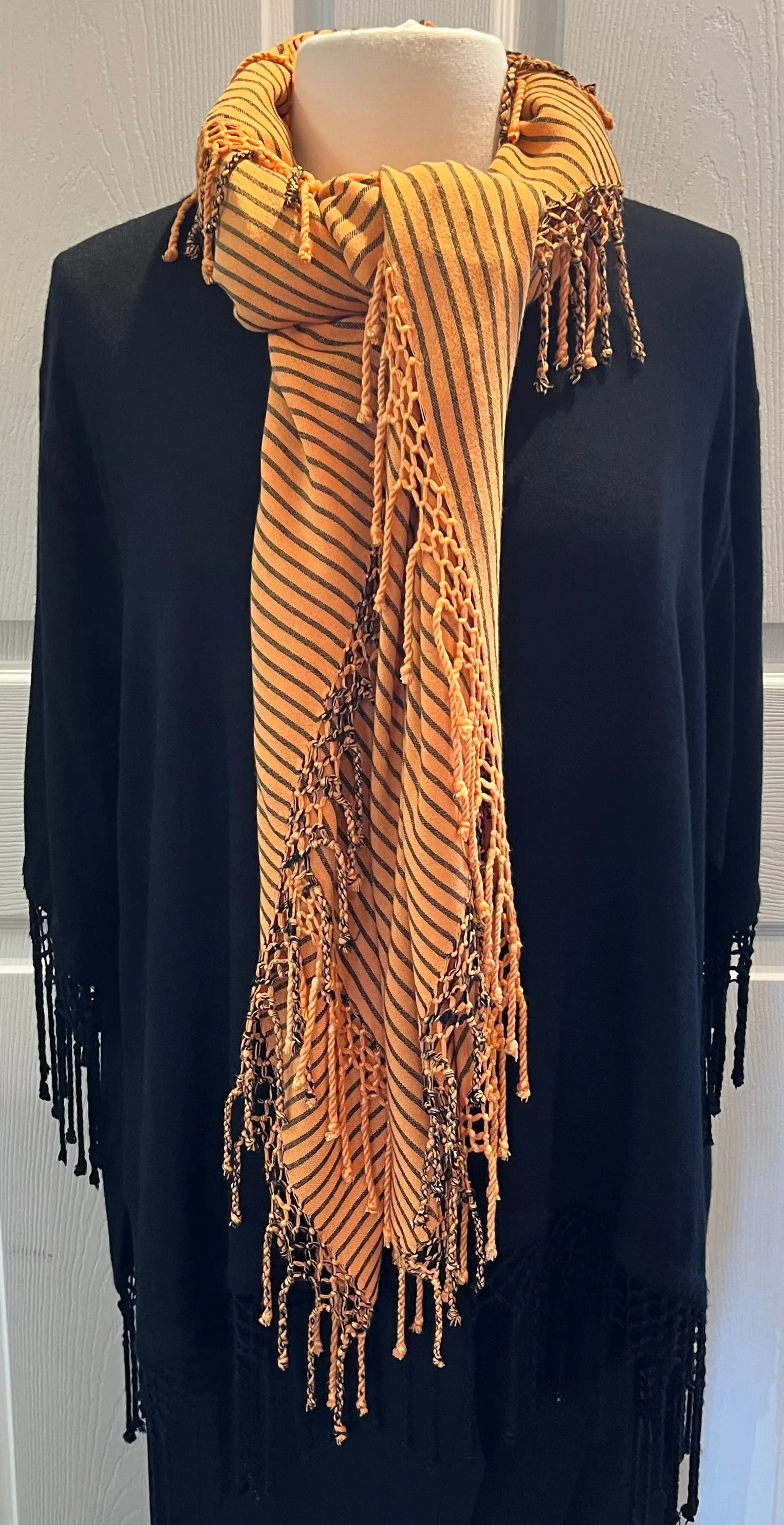 Peach Striped Fringed Poncho
