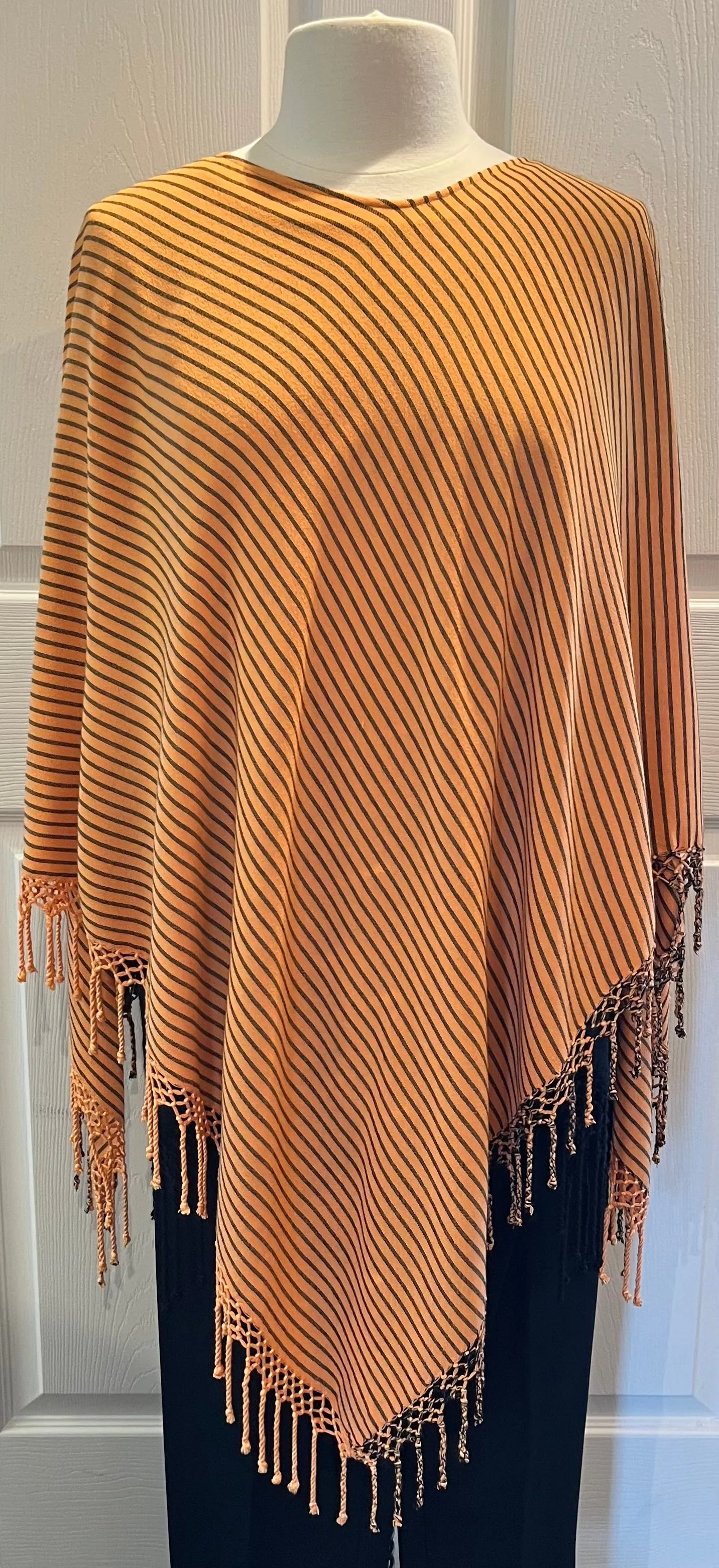 Peach Striped Fringed Poncho