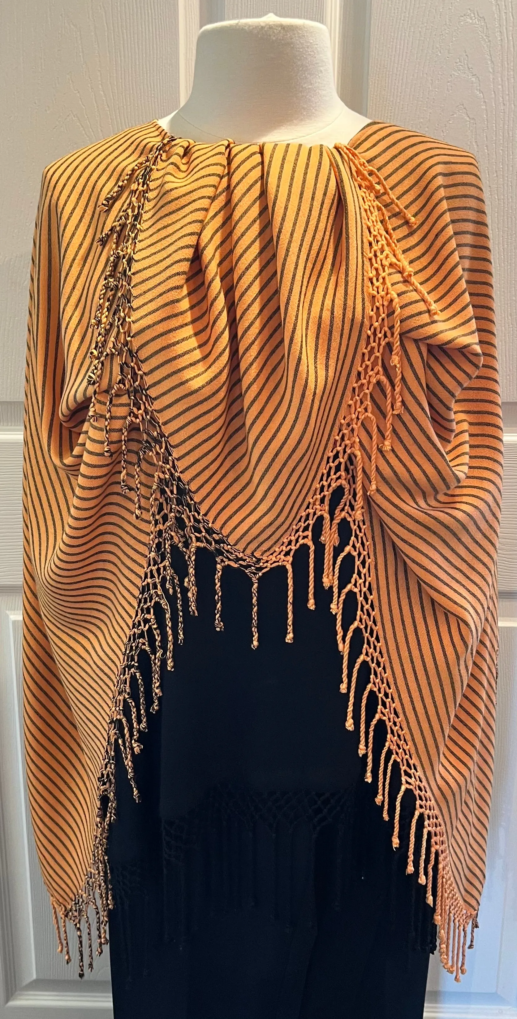 Peach Striped Fringed Poncho