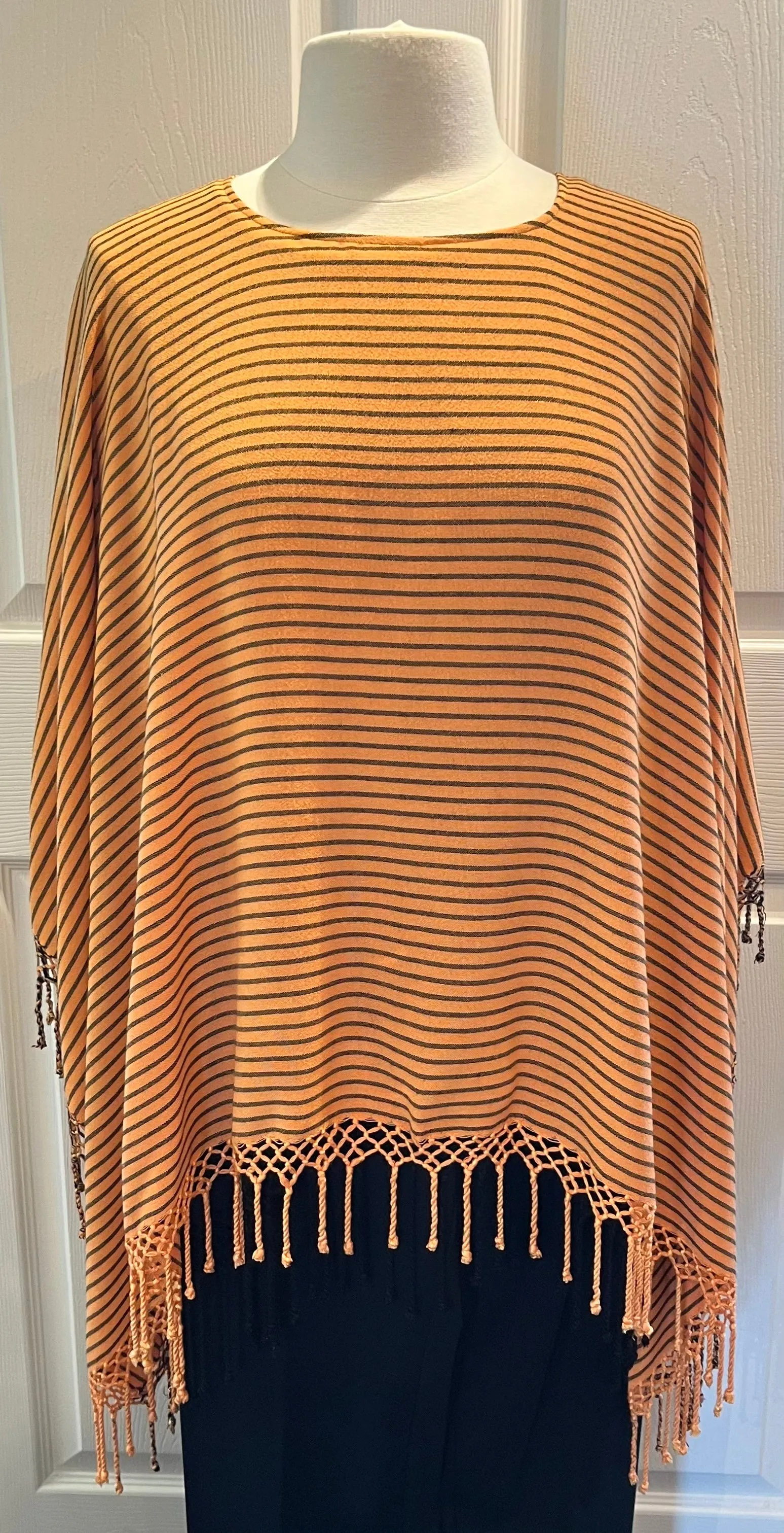 Peach Striped Fringed Poncho