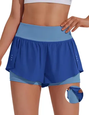 PINSPARK 2 in 1 Athletic Shorts for Women Biker Underneath Running Shorts High Waisted Gym Workout Short with Side Pockets