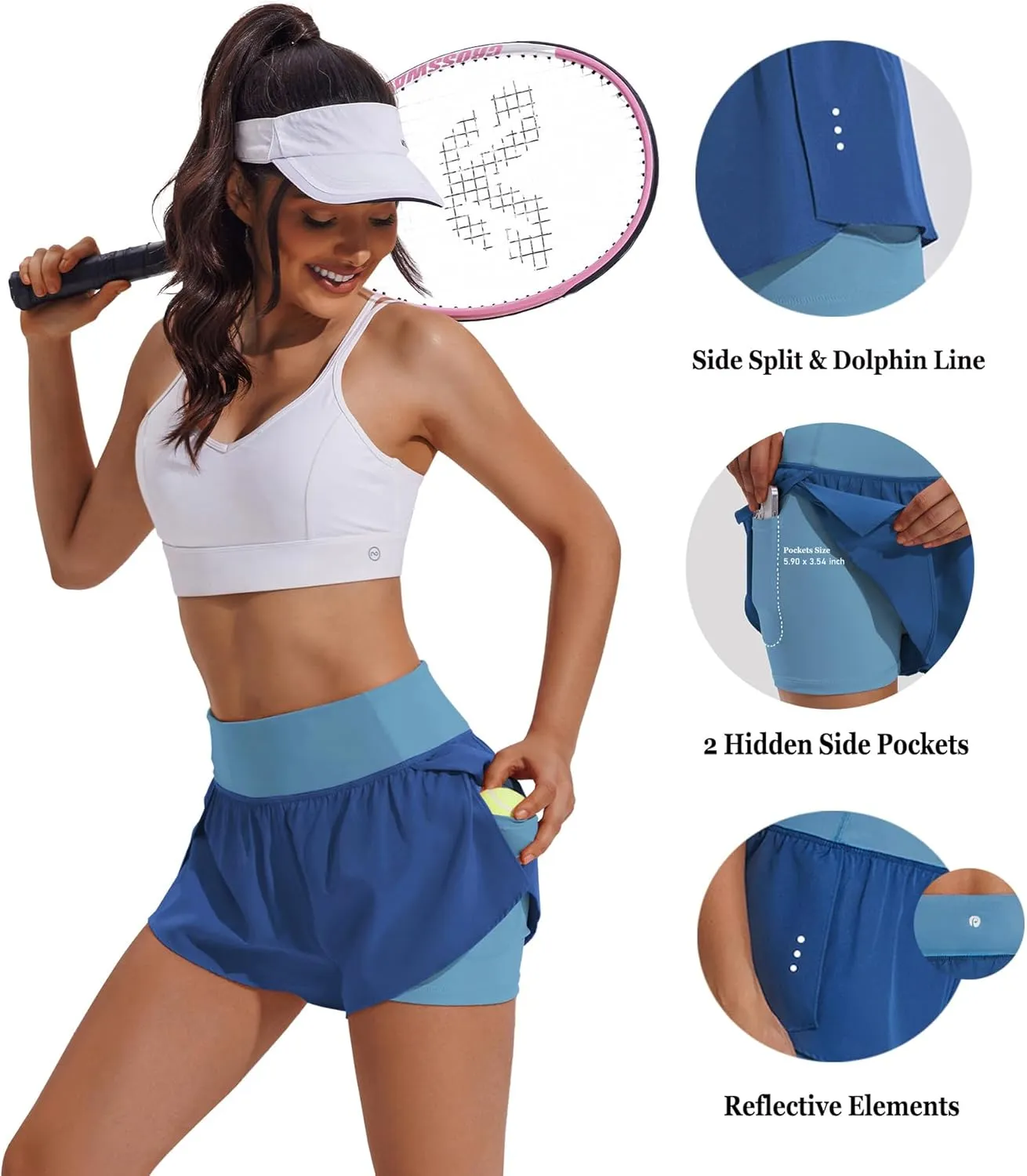 PINSPARK 2 in 1 Athletic Shorts for Women Biker Underneath Running Shorts High Waisted Gym Workout Short with Side Pockets