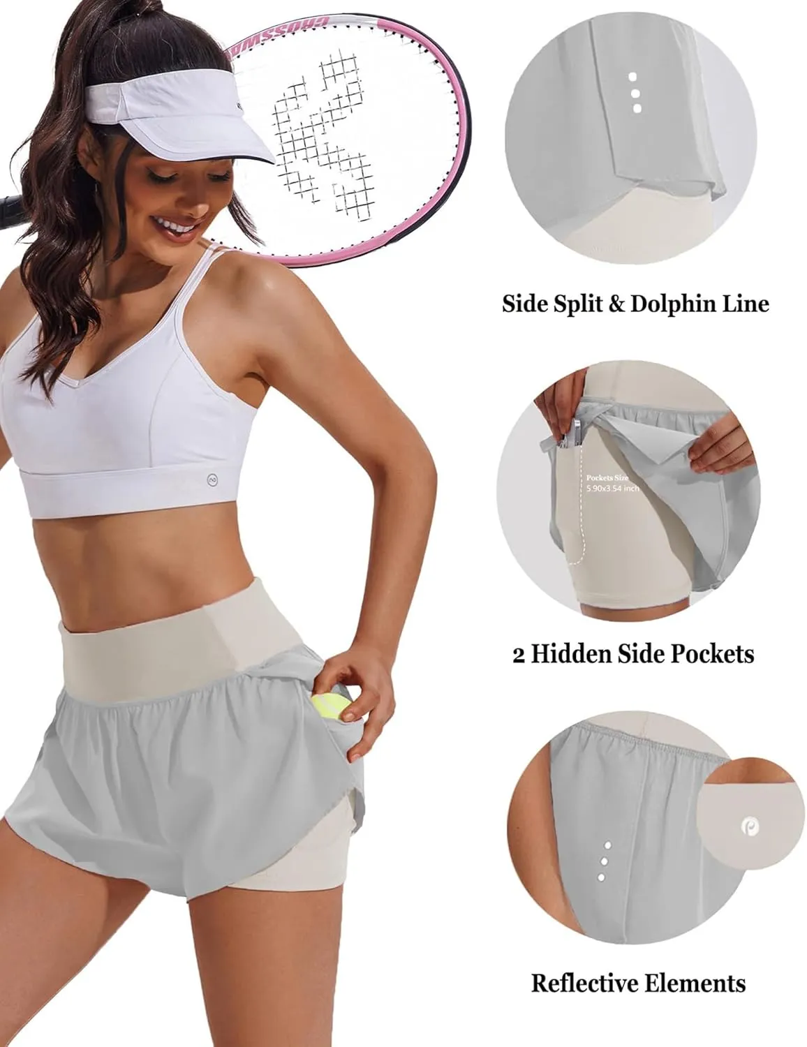 PINSPARK 2 in 1 Athletic Shorts for Women Biker Underneath Running Shorts High Waisted Gym Workout Short with Side Pockets