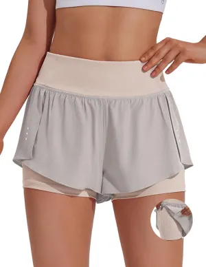 PINSPARK 2 in 1 Athletic Shorts for Women Biker Underneath Running Shorts High Waisted Gym Workout Short with Side Pockets