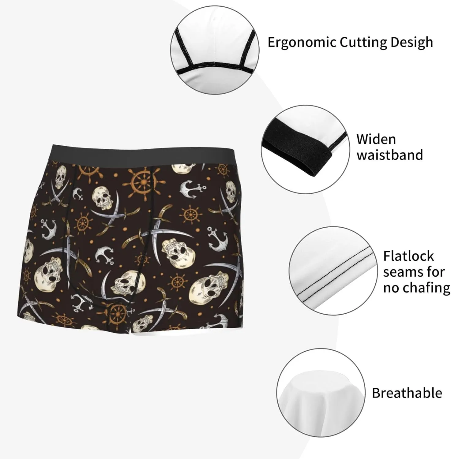 Pirate Skulls Print Boxer Briefs For Men Breathable Underwear-