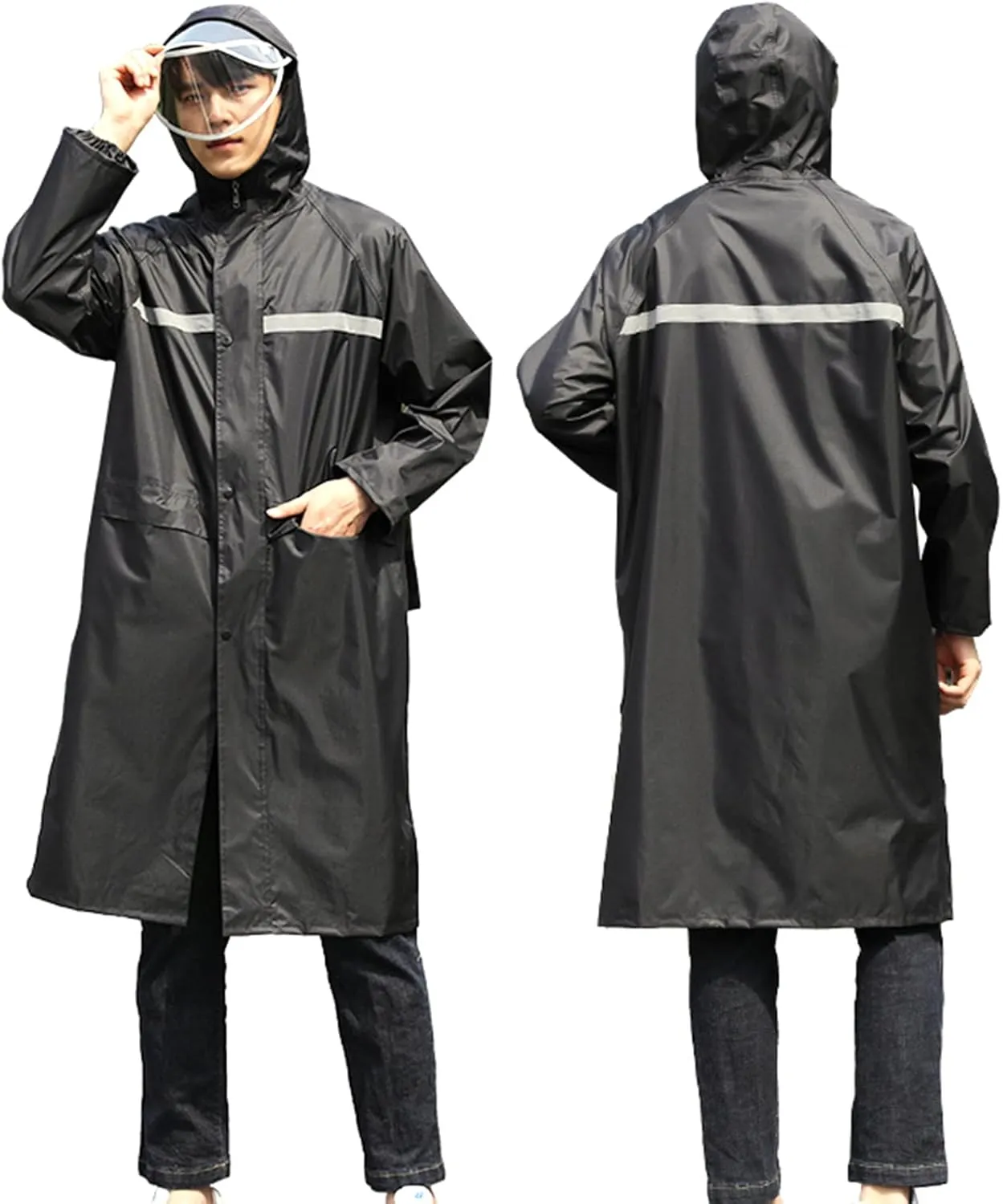 Pissente Long Raincoat Water proof Hooded Windbreaker Lightweight Reflective Raincoat for Men Women Adults