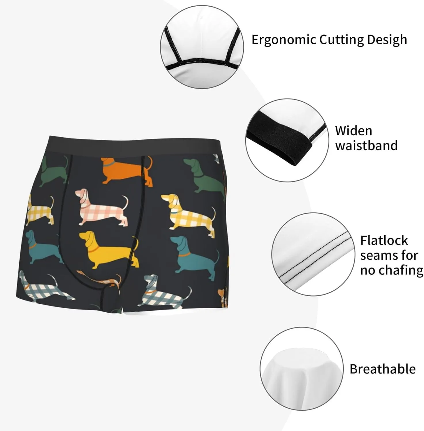 Plaid Dachshund Print Boxer Briefs For Men Breathable Underwear-