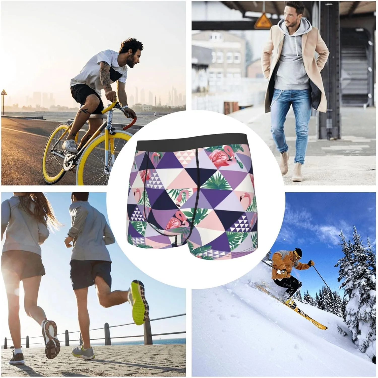 Plaid Flamingo Print Boxer Briefs For Men Breathable Underwear-