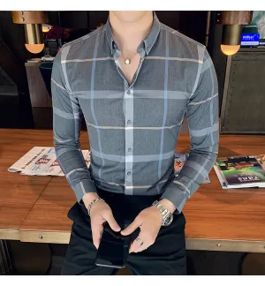 Plaid Men Fashion Casual Dress Shirts Man Slim Fit Long Sleeve