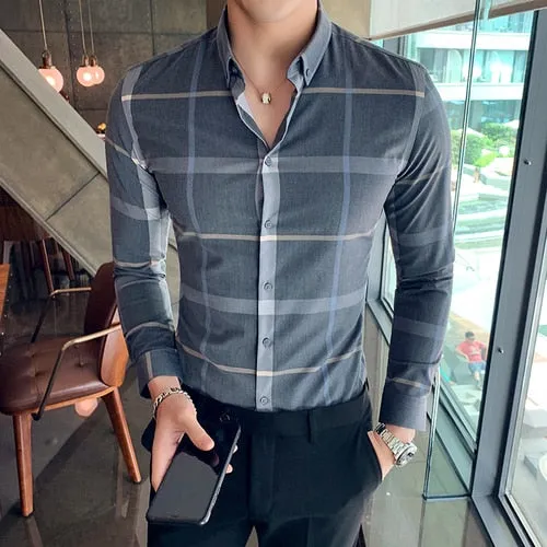 Plaid Men Fashion Casual Dress Shirts Man Slim Fit Long Sleeve