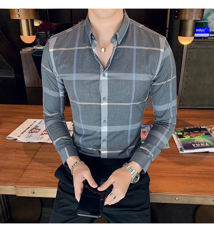 Plaid Men Fashion Casual Dress Shirts Man Slim Fit Long Sleeve