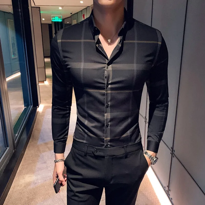 Plaid Men Fashion Casual Dress Shirts Man Slim Fit Long Sleeve