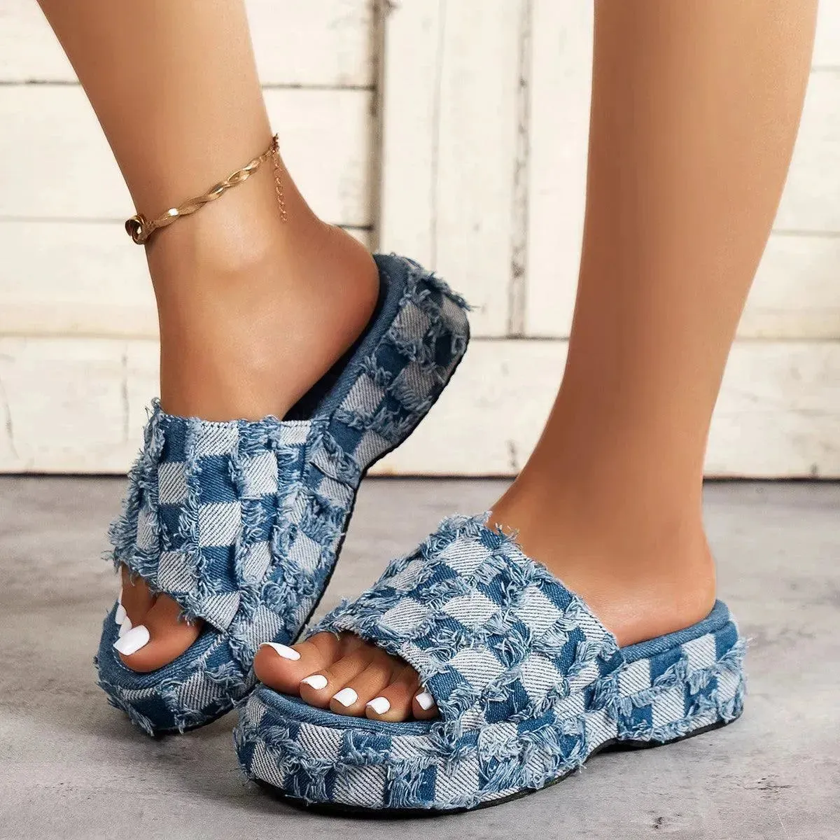 Plaid Platform Sandals with Raw Hem