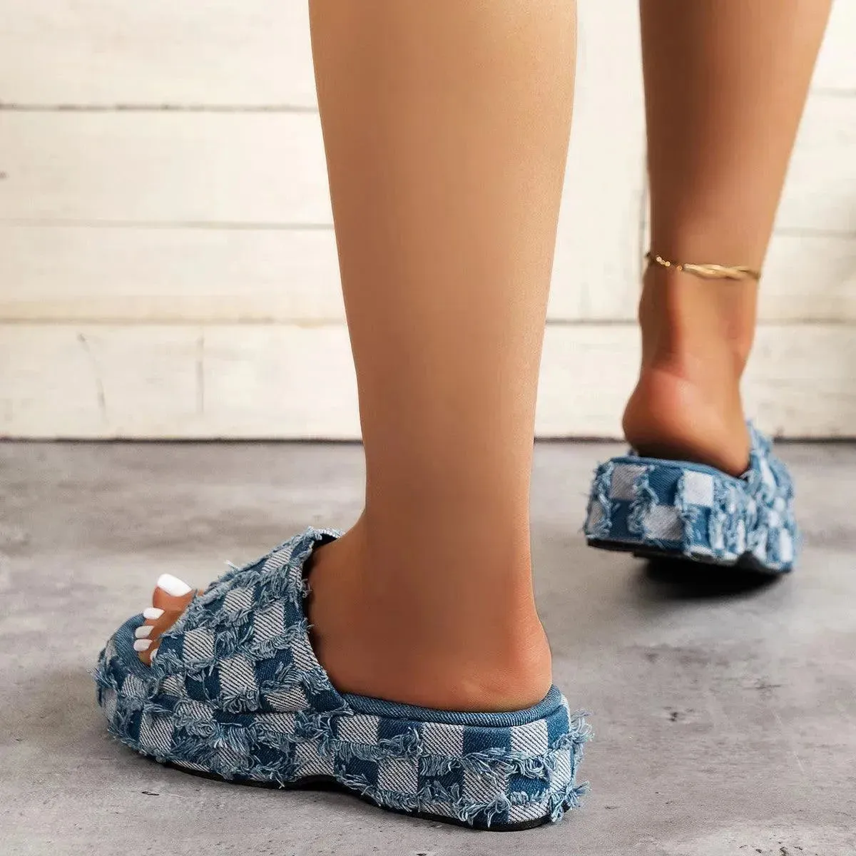 Plaid Platform Sandals with Raw Hem