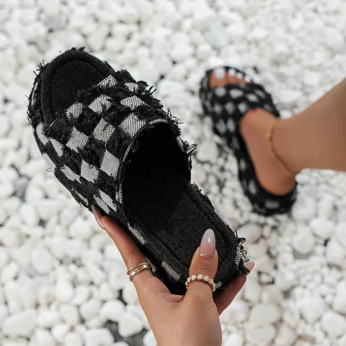 Plaid Platform Sandals with Raw Hem
