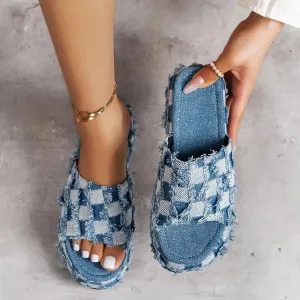 Plaid Platform Sandals with Raw Hem