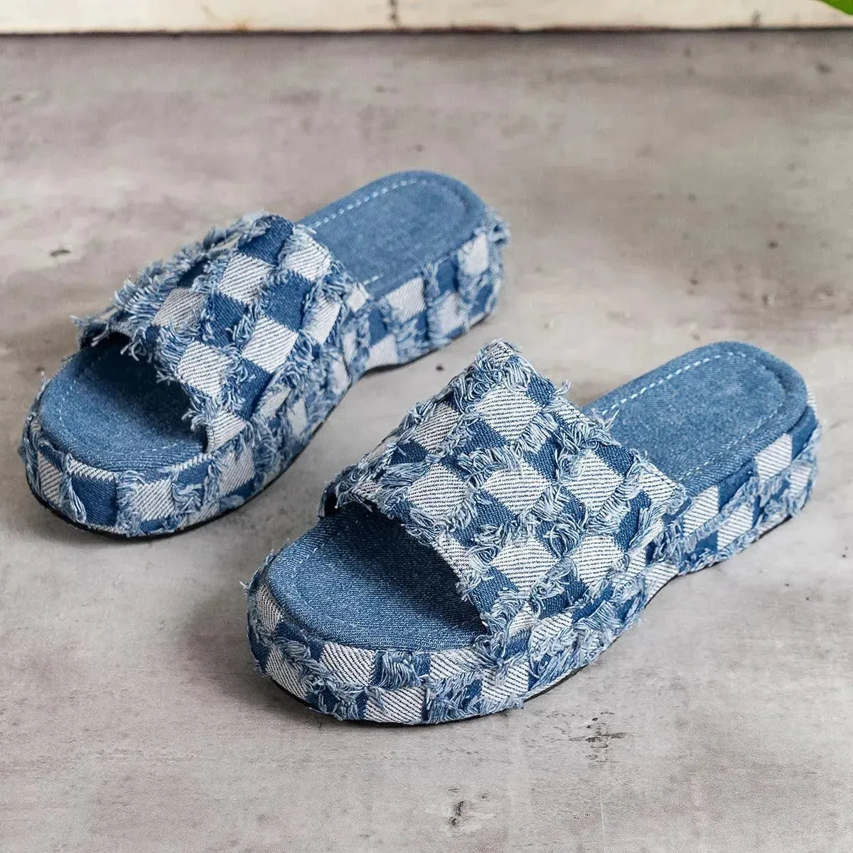 Plaid Platform Sandals with Raw Hem