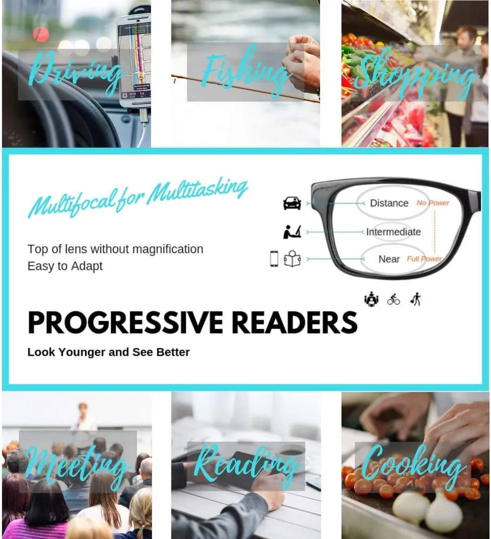 ProEyes Attitude 3, Progressive Blue Light Blocking Readers, 0 Strength on Top Lens, Lightweight, Flexible, Durable