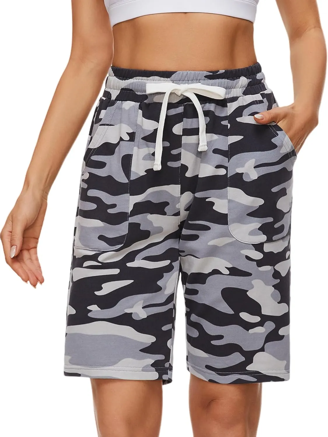 PULI Women's Cotton Sweat Shorts with Pockets  10" Athletic Lounge Sports Workout Bermuda Knee Shorts