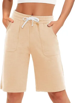 PULI Women's Cotton Sweat Shorts with Pockets  10" Athletic Lounge Sports Workout Bermuda Knee Shorts