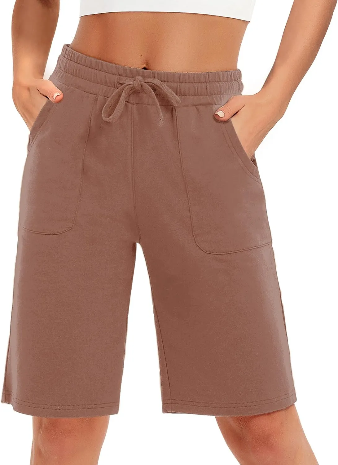 PULI Women's Cotton Sweat Shorts with Pockets  10" Athletic Lounge Sports Workout Bermuda Knee Shorts