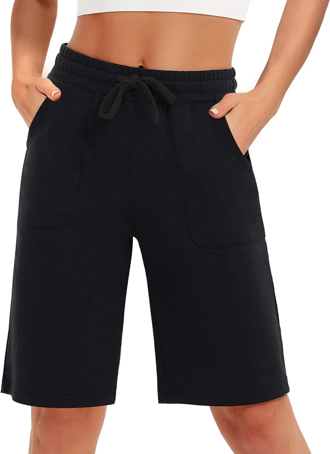 PULI Women's Cotton Sweat Shorts with Pockets  10" Athletic Lounge Sports Workout Bermuda Knee Shorts