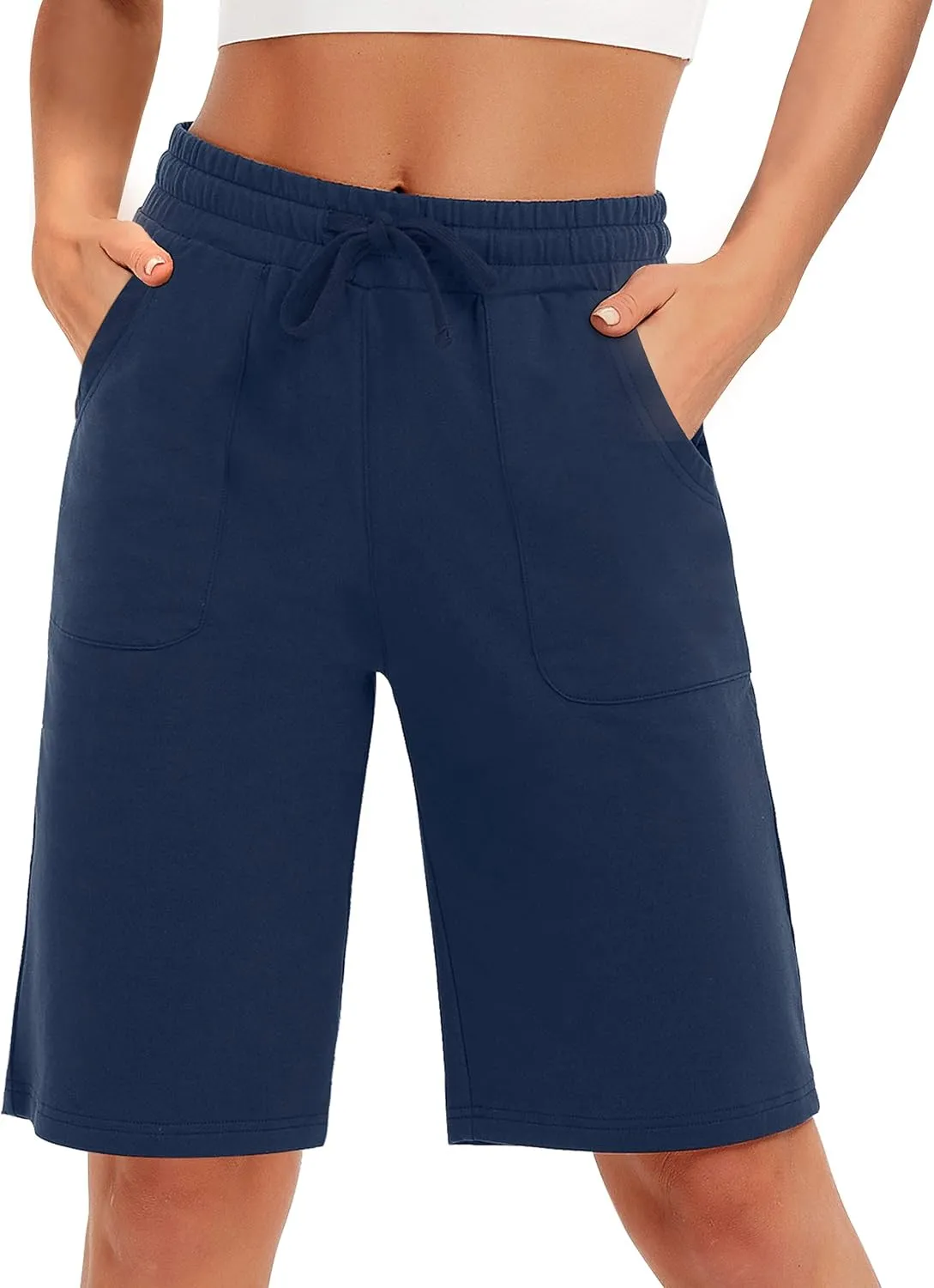 PULI Women's Cotton Sweat Shorts with Pockets  10" Athletic Lounge Sports Workout Bermuda Knee Shorts