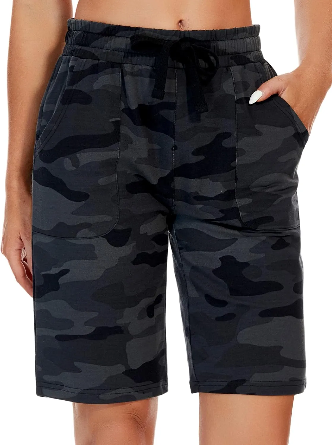 PULI Women's Cotton Sweat Shorts with Pockets  10" Athletic Lounge Sports Workout Bermuda Knee Shorts