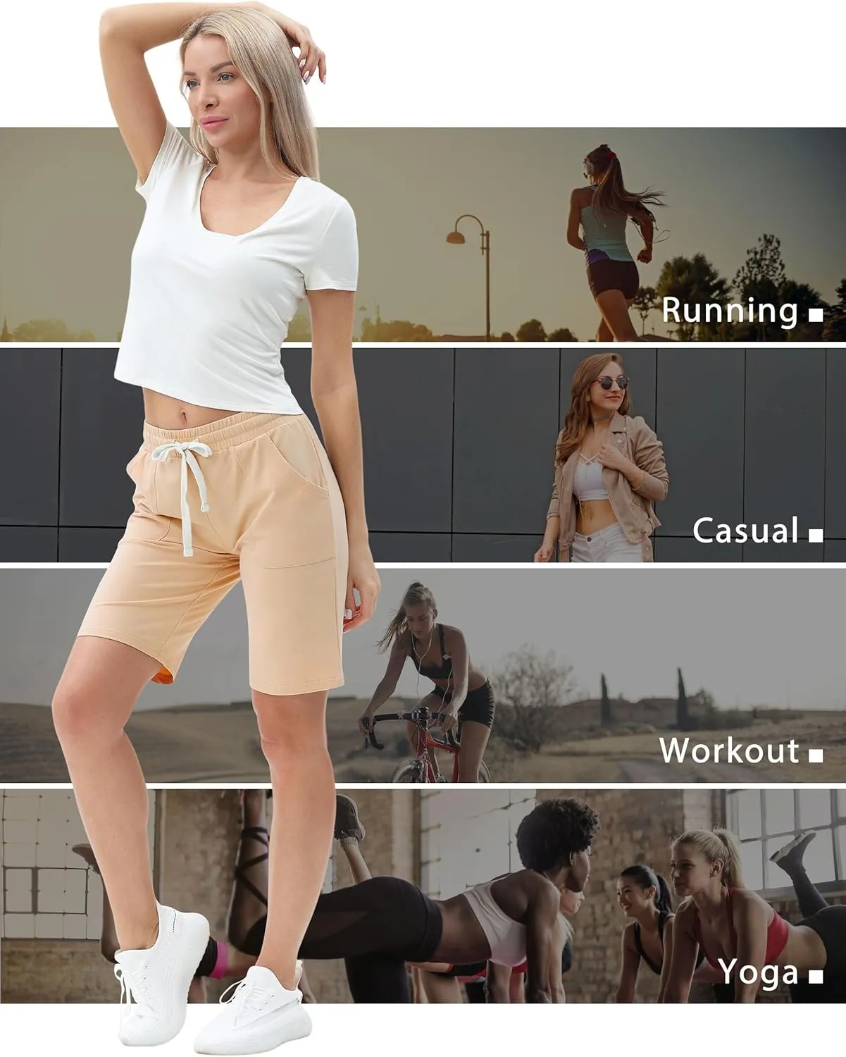 PULI Women's Cotton Sweat Shorts with Pockets  10" Athletic Lounge Sports Workout Bermuda Knee Shorts