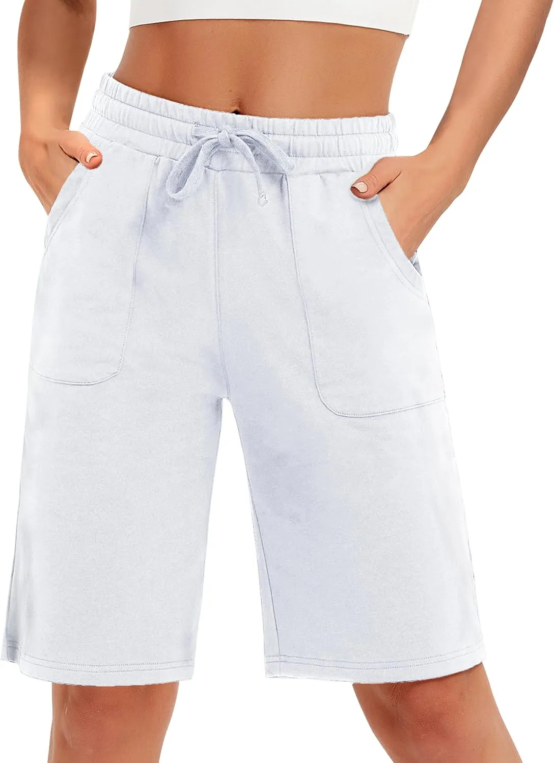 PULI Women's Cotton Sweat Shorts with Pockets  10" Athletic Lounge Sports Workout Bermuda Knee Shorts