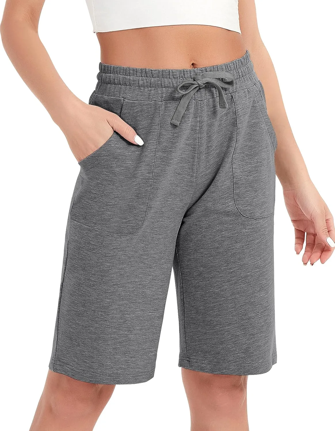 PULI Women's Cotton Sweat Shorts with Pockets  10" Athletic Lounge Sports Workout Bermuda Knee Shorts