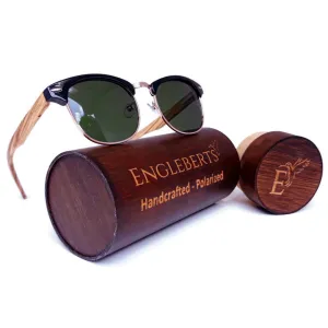 Real Walnut Wood Club Style Sunglasses, Green Lenses, With Bamboo Case