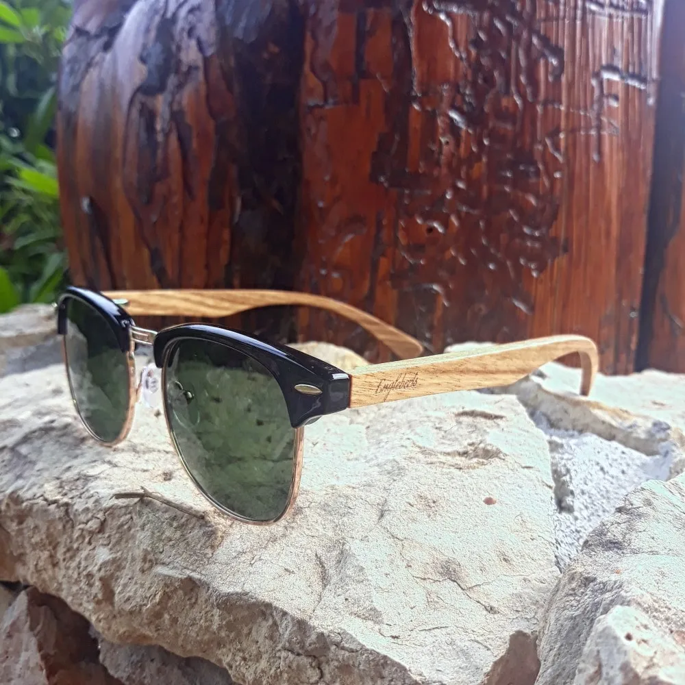 Real Walnut Wood Club Style Sunglasses, Green Lenses, With Bamboo Case