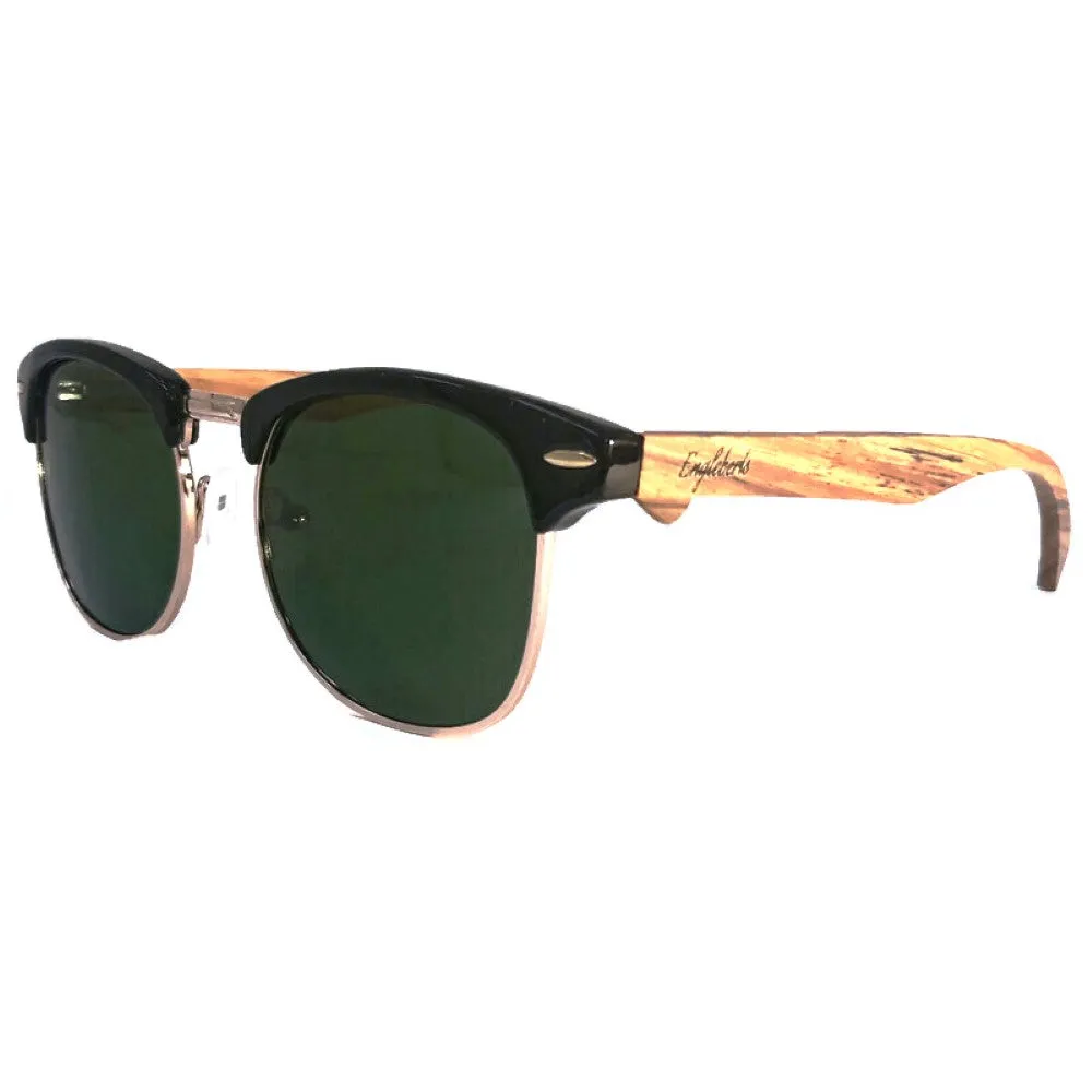 Real Walnut Wood Club Style Sunglasses, Green Lenses, With Bamboo Case