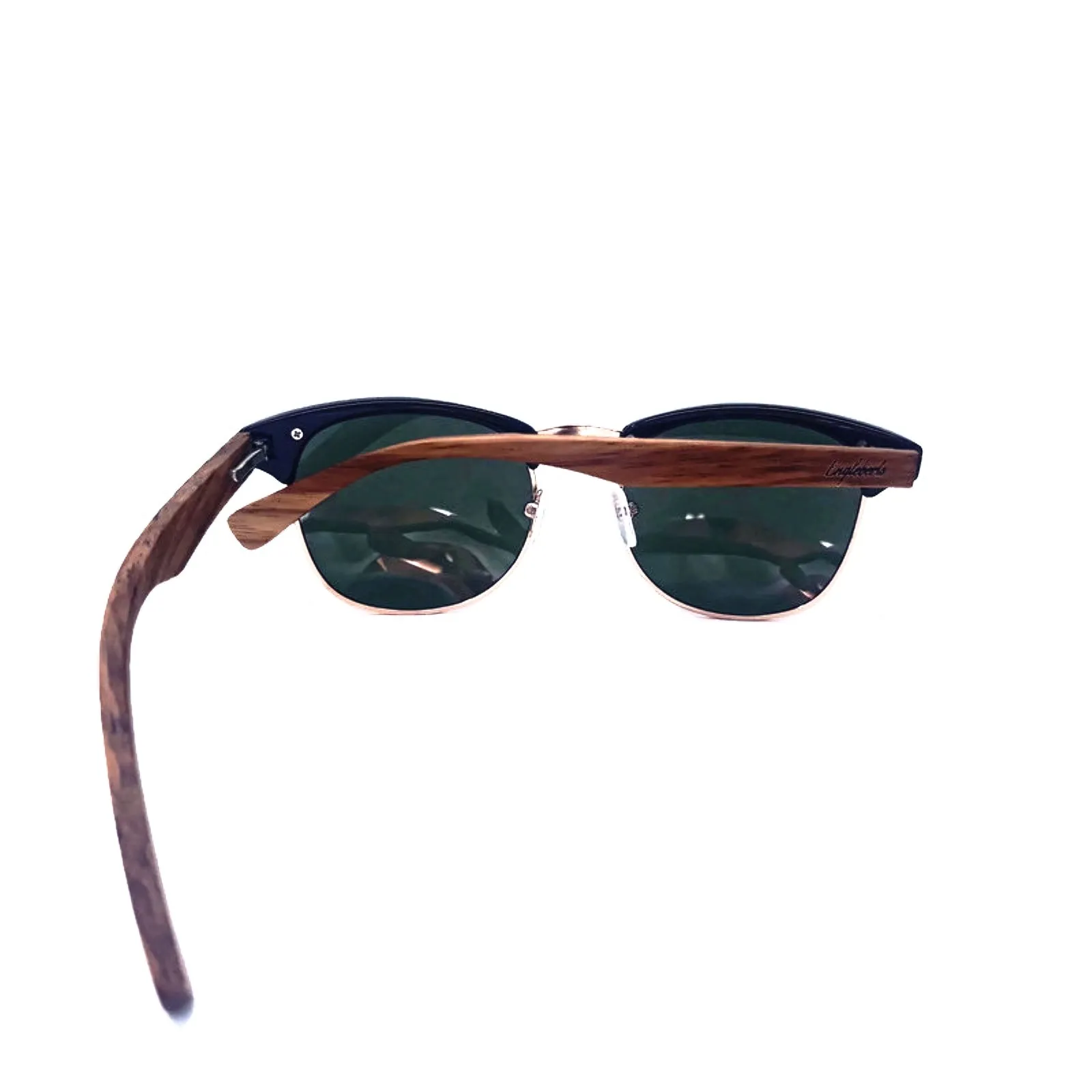 Real Walnut Wood Club Style Sunglasses, Green Lenses, With Bamboo Case