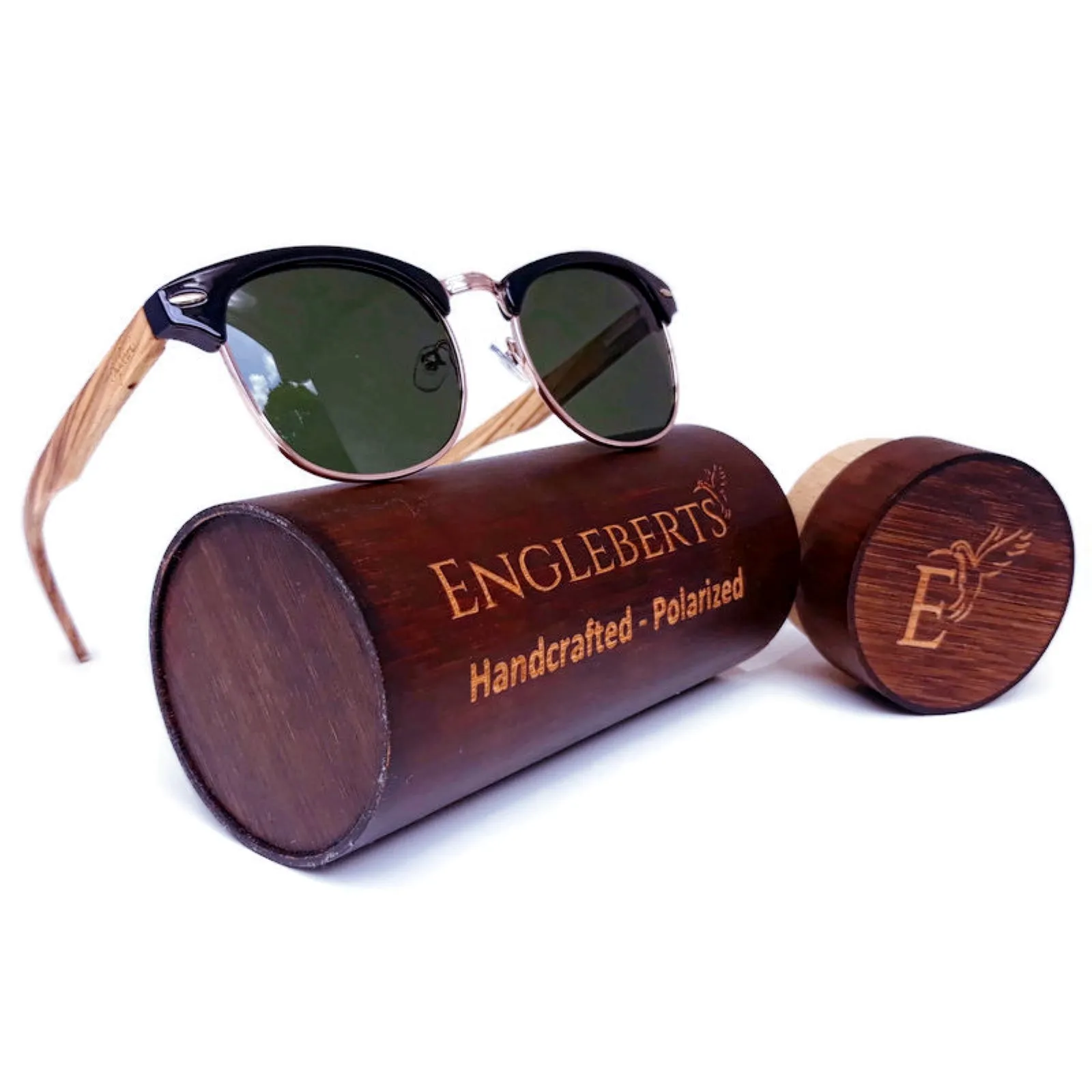 Real Walnut Wood Club Style Sunglasses, Green Lenses, With Bamboo Case