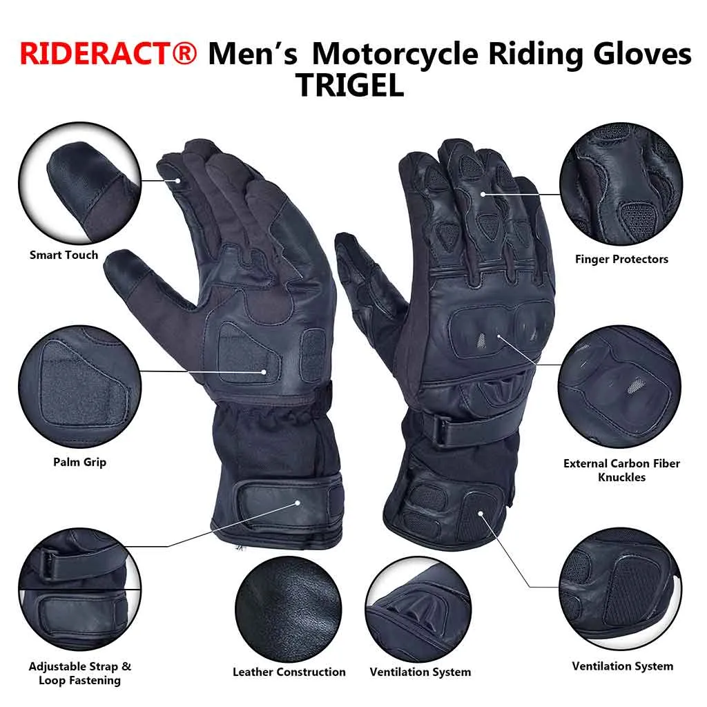 RIDERACT® Adventure Mens Leather Motorcycle Gloves Black TRIGEL