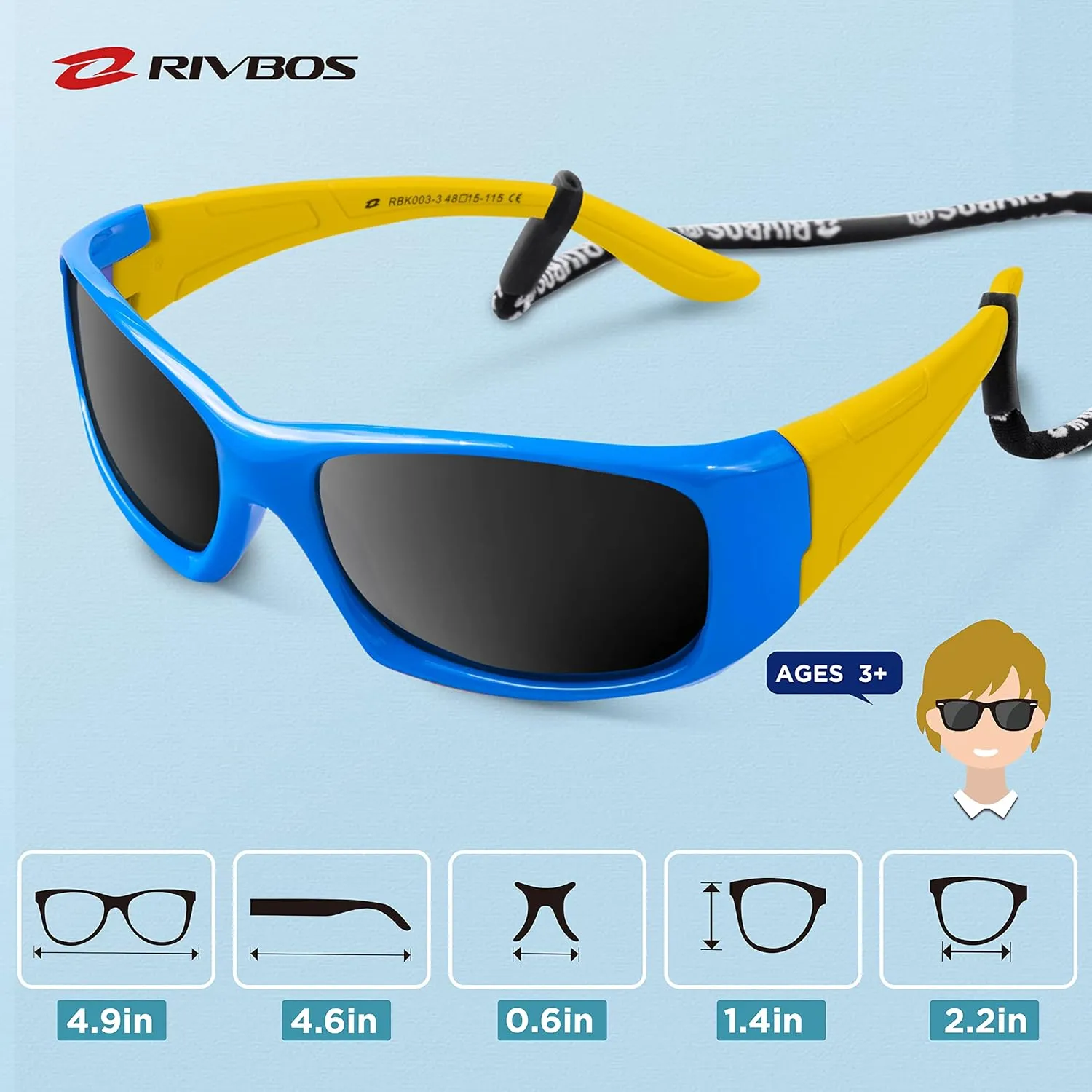 RIVBOS Kids Sunglasses with Strap Polarized UV Protection Flexible Rubber Shades for Boys Girls RBK003