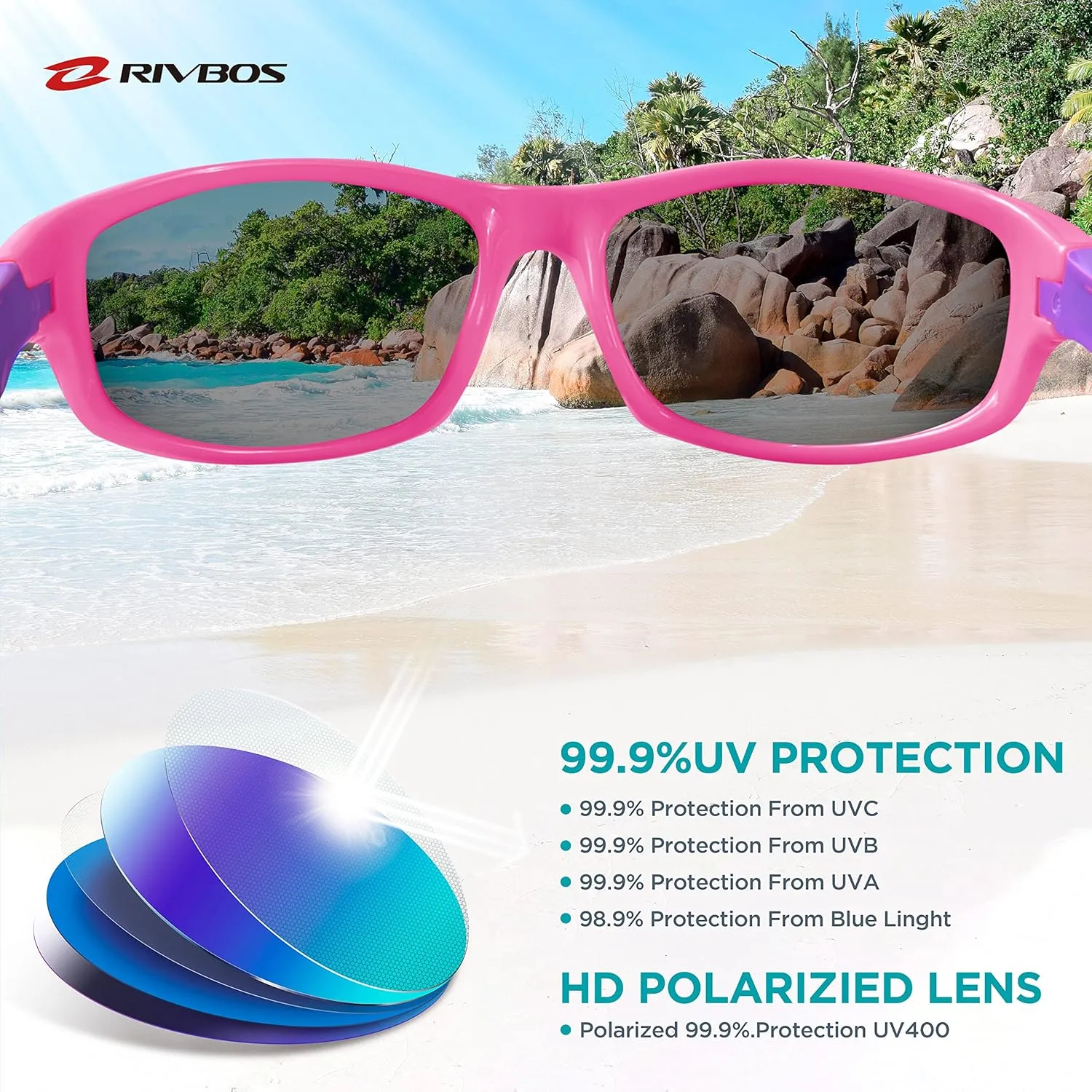 RIVBOS Kids Sunglasses with Strap Polarized UV Protection Flexible Rubber Shades for Boys Girls RBK003