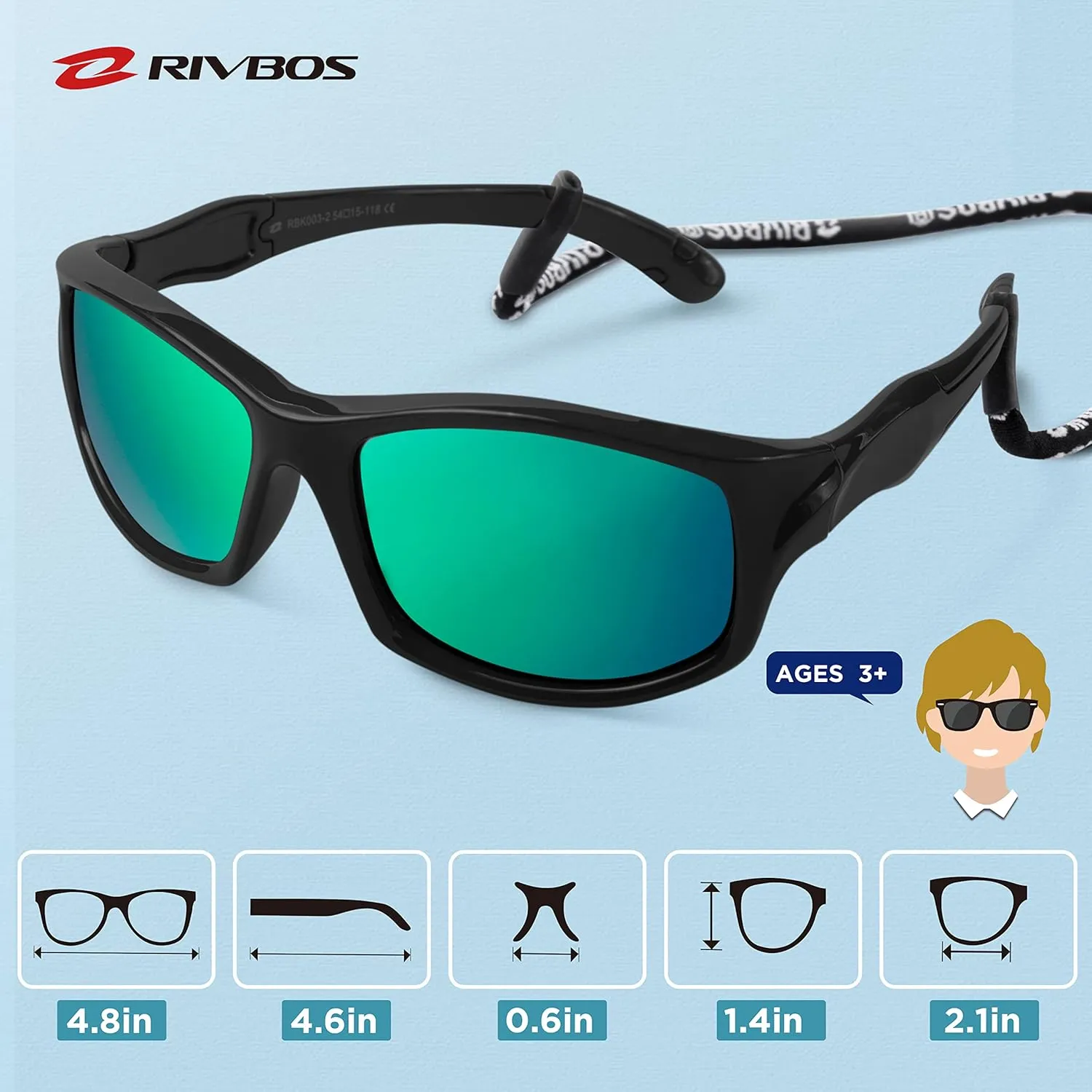 RIVBOS Kids Sunglasses with Strap Polarized UV Protection Flexible Rubber Shades for Boys Girls RBK003
