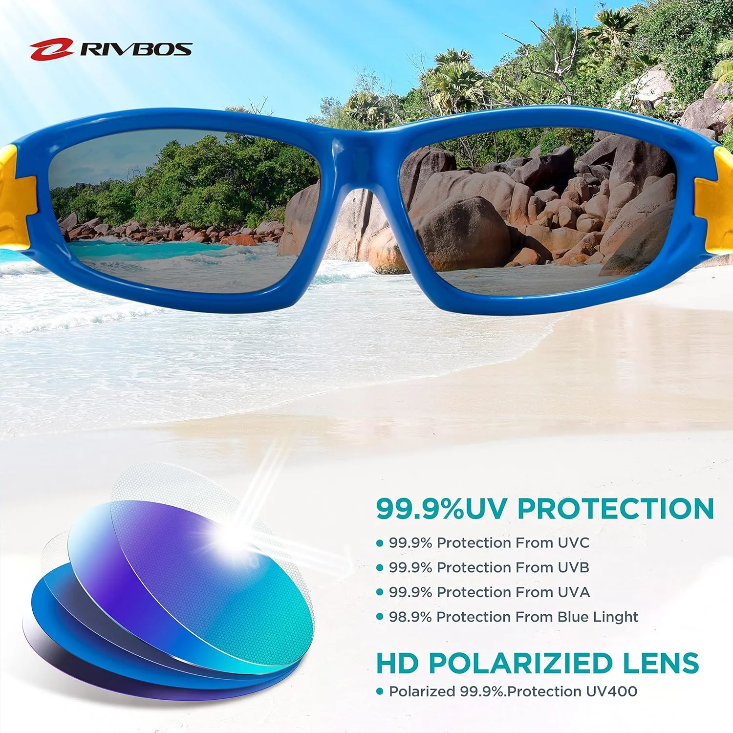 RIVBOS Kids Sunglasses with Strap Polarized UV Protection Flexible Rubber Shades for Boys Girls RBK003