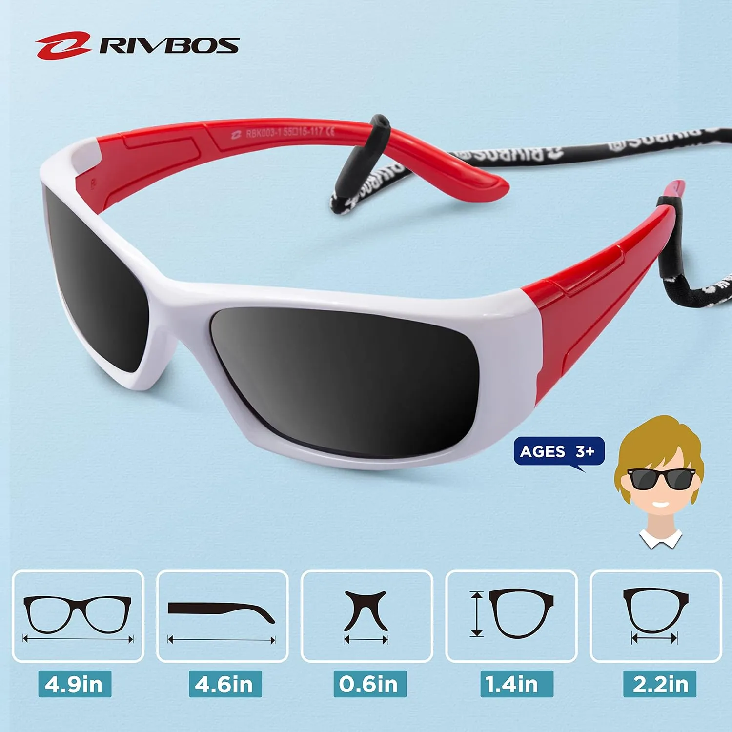 RIVBOS Kids Sunglasses with Strap Polarized UV Protection Flexible Rubber Shades for Boys Girls RBK003