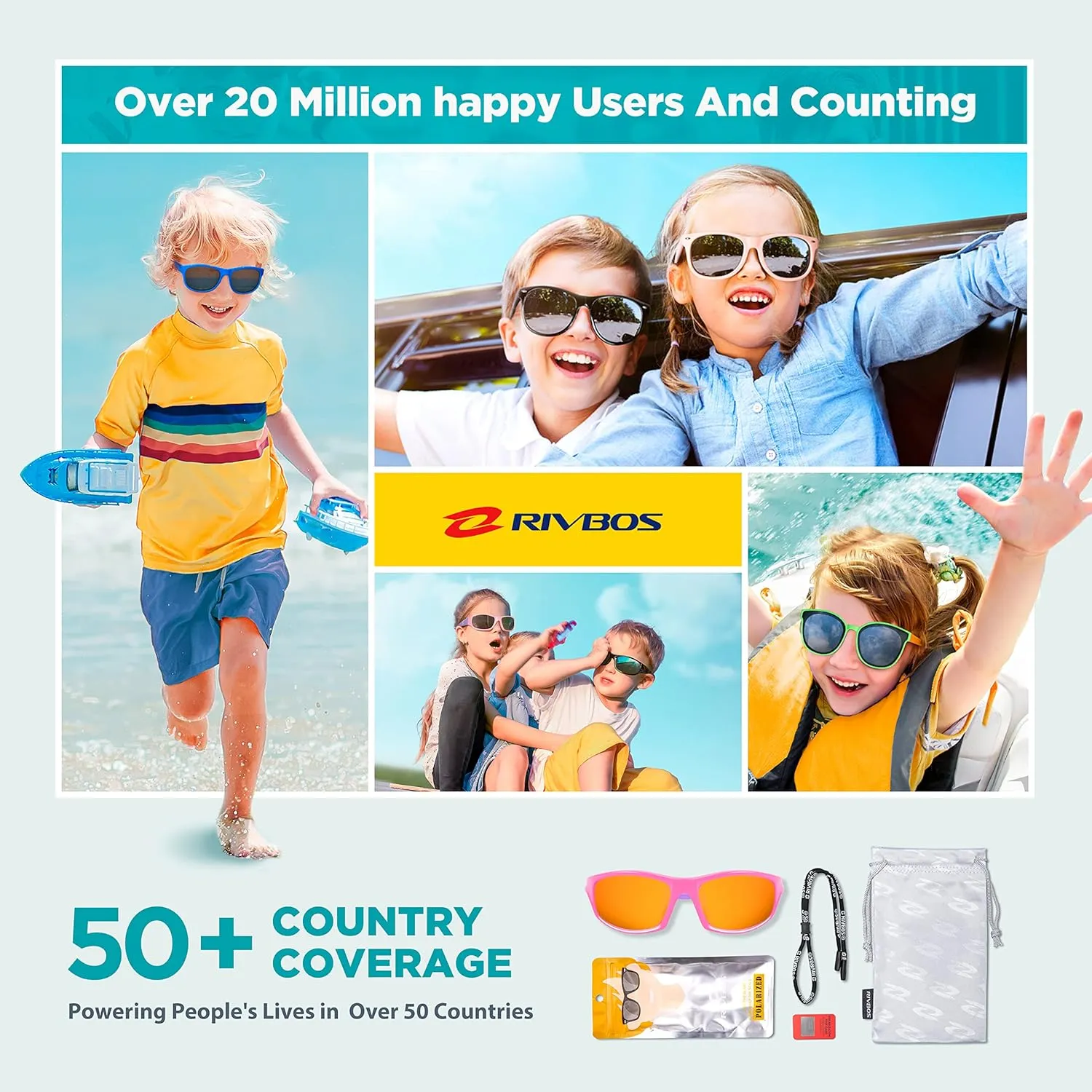 RIVBOS Kids Sunglasses with Strap Polarized UV Protection Flexible Rubber Shades for Boys Girls RBK003