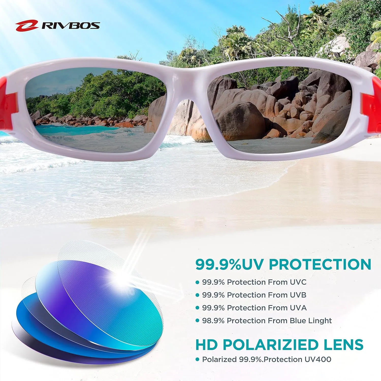 RIVBOS Kids Sunglasses with Strap Polarized UV Protection Flexible Rubber Shades for Boys Girls RBK003