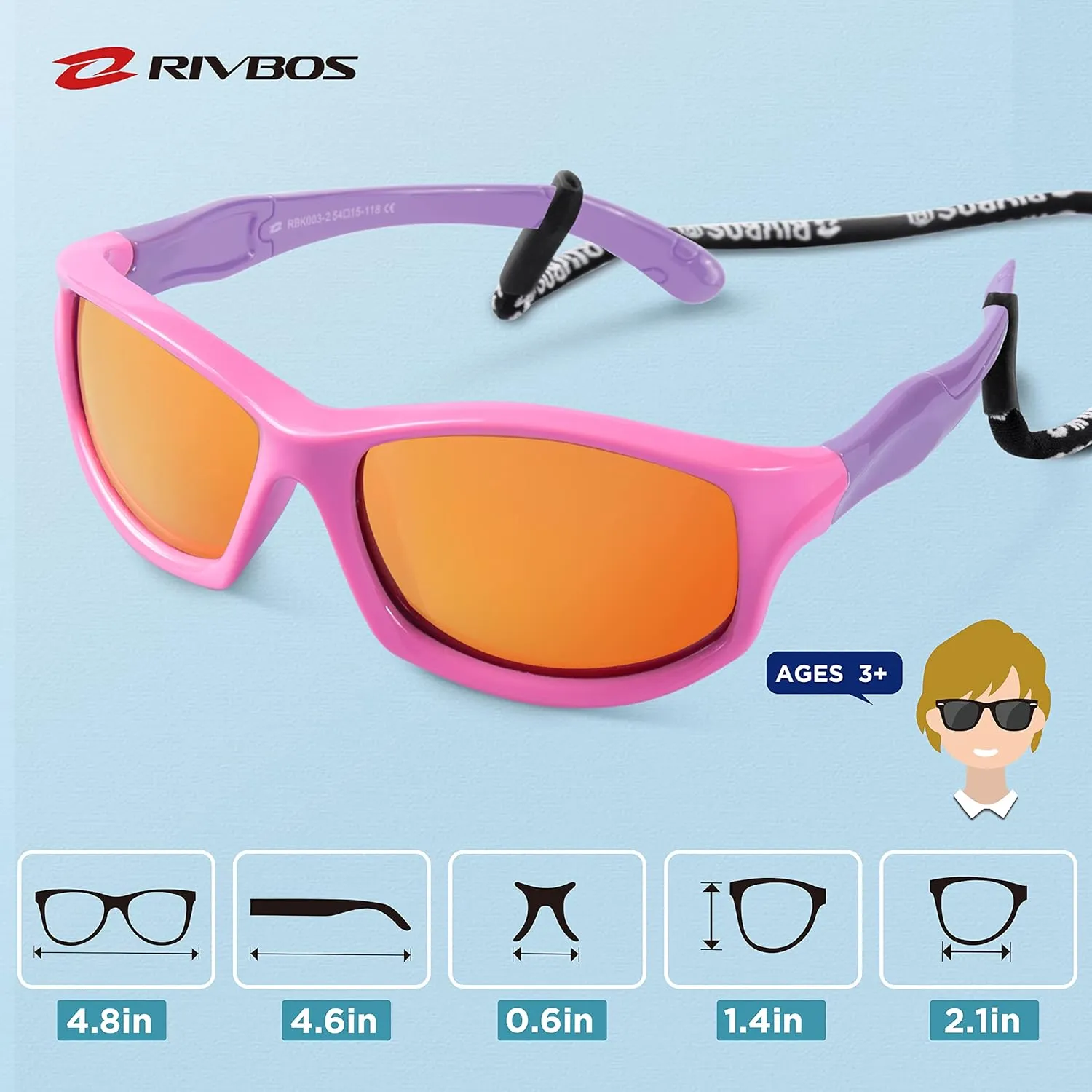 RIVBOS Kids Sunglasses with Strap Polarized UV Protection Flexible Rubber Shades for Boys Girls RBK003