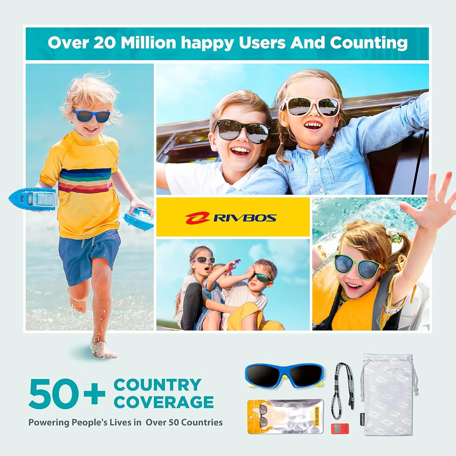 RIVBOS Kids Sunglasses with Strap Polarized UV Protection Flexible Rubber Shades for Boys Girls RBK003
