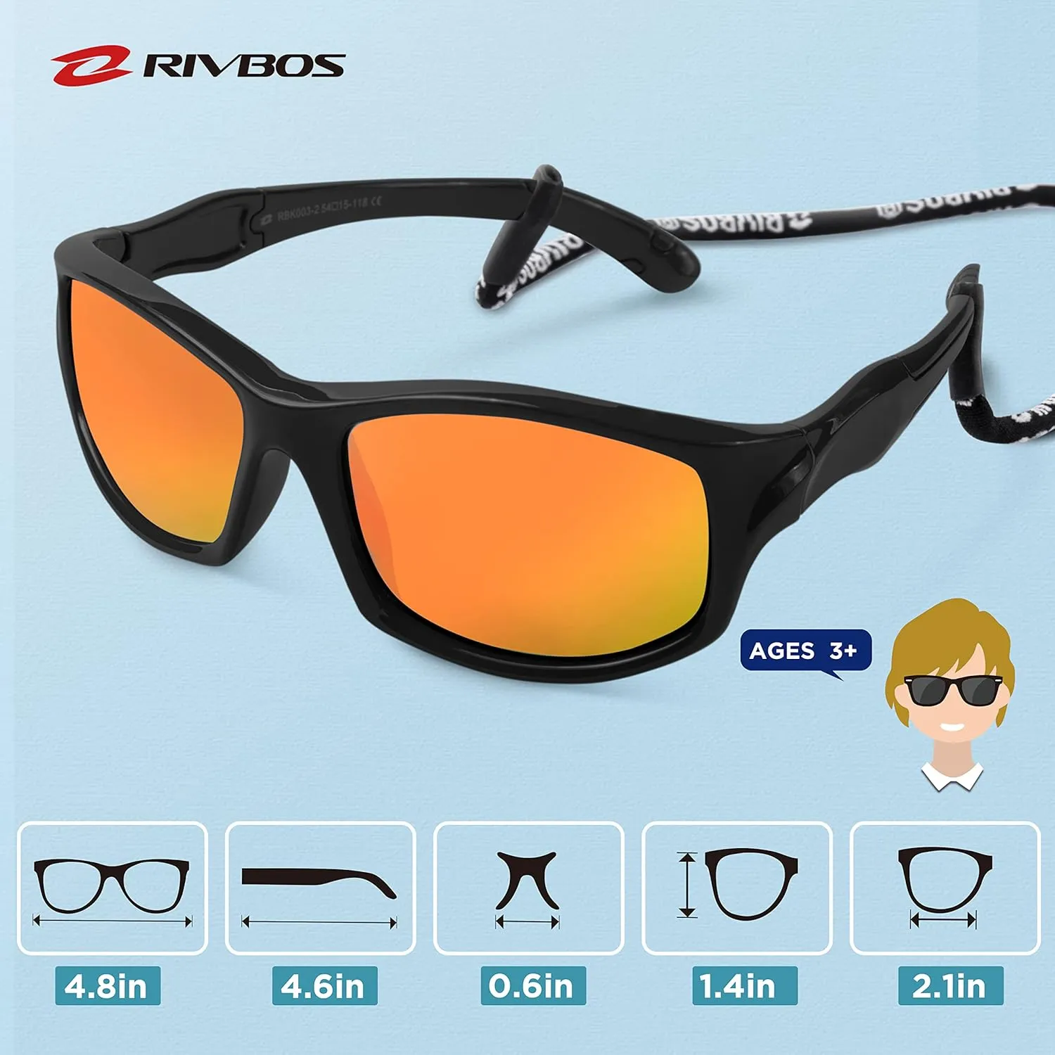 RIVBOS Kids Sunglasses with Strap Polarized UV Protection Flexible Rubber Shades for Boys Girls RBK003